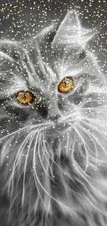 Mystical gray cat with striking amber eyes on wallpaper.