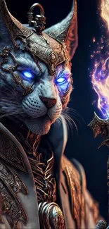 A fantasy cat with blue eyes holding a glowing staff, in detailed armor.