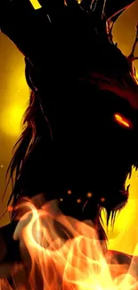 Fiery beast silhouette with glowing eyes in dark orange hues.