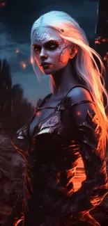 Female warrior in dark fantasy setting with fiery elements.