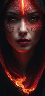 Dark-themed mystical face with fiery red markings and intense gaze.