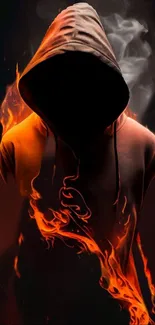 Mystical hooded figure with flames on a dark background.