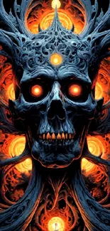 A mystical digital art skull with red eyes and a fiery background.