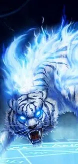 White tiger with blue flames in a mystical pose.