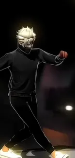 Anime character in motion with a striking mask and dark background.