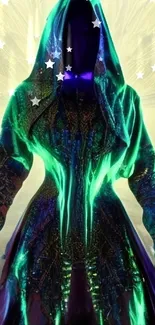 Hooded mystical figure with neon glow in abstract design.