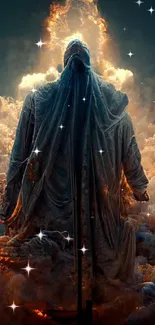 Cloaked figure surrounded by vibrant smoky glow.