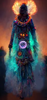 Mystical figure with vibrant colors in a captivating mobile wallpaper.