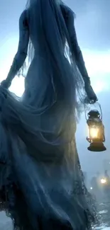 Mystical figure with a lantern in a dark, ethereal setting