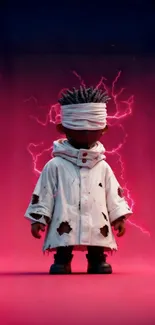 Mystical figure with neon aura and dynamic background.