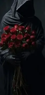 Hooded figure holding red roses on dark background.