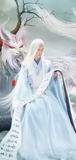 Fantasy figure with white wolf in a forest setting wallpaper.