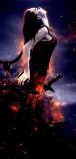 Mystical figure with fire and birds in a dark night sky wallpaper.