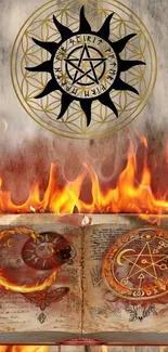 Mystical wallpaper with flames and an ancient book featuring sigils.