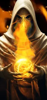 Hooded figure holding fiery orb, glowing in the dark.