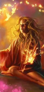 Mystical woman surrounded by fire magic on fantasy wallpaper.