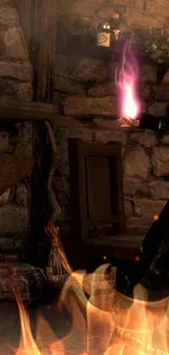 Dark medieval room with magic fire conjuring.