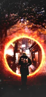 Person in a dark forest with a fiery glowing portal.