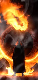 Mysterious figure with fiery ring in dark fantasy setting.