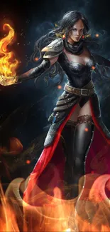 A powerful sorceress conjures mystical flames in dark fantasy artwork.