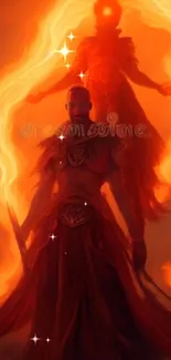 Fiery mystical warrior in dramatic setting.