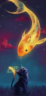 Mystical digital art of a fish and cat under a starry night sky.