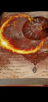 Fantasy grimoire with a fiery dragon circle over ancient symbols.