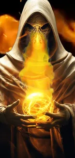 Hooded wizard conjuring a glowing flame orb in a mystical setting.