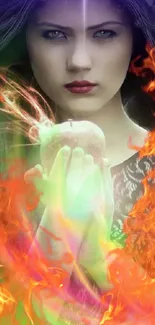 Mystical woman with flames wallpaper art design.