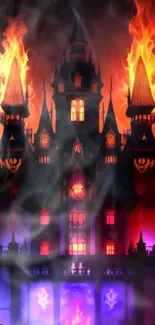 Mystical castle with fiery flames in vibrant colors on a mobile wallpaper.