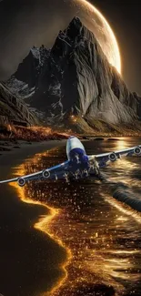 Airplane flies over a glowing shoreline with moonlit mountains.