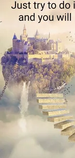 Floating castle with steps and motivational quote.