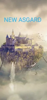 Floating castle amidst clouds in a fantasy landscape.