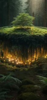 A floating forest island with glowing lights, creating a mystical and serene wallpaper.