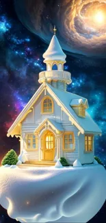 Floating mystical house with cosmic background.