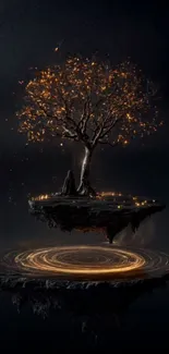 Mystical floating island with tree and glowing elements in dark night.