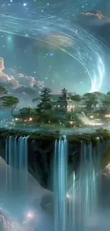 Floating island against a cosmic sky with ethereal waterfalls.