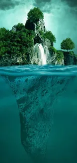 Floating island with lush greenery and a waterfall in tranquil turquoise waters.