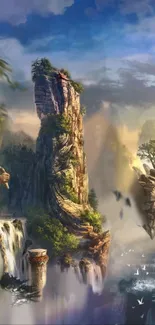 Fantasy wallpaper of floating islands with waterfalls and sky.