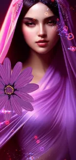 Mystical floral art wallpaper with vibrant purple hues and elegant design.