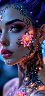 Mystical floral art portrait with colorful details.
