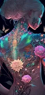 Mystical floral back art with colorful flowers and neon highlights.