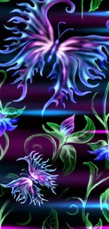 Mystical butterfly and floral wallpaper on black background.