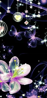 Mystical wallpaper featuring flowers and butterflies with a purple glow.