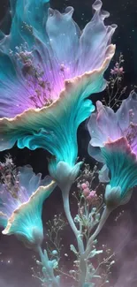 Mystical flowers with glowing turquoise and purple petals in fantasy art.