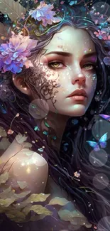 A mystical woman adorned with flowers and butterflies in vibrant fantasy art.