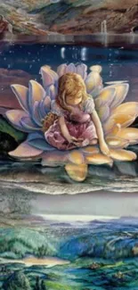 Young girl on lotus in mystical landscape art.