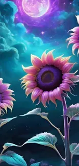 Purple sunflowers with cosmic sky wallpaper.