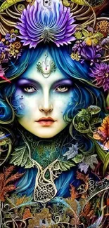 Mystical goddess with vibrant floral designs.