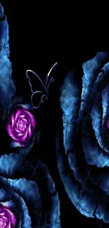 Mystical blue roses with glowing butterfly on dark background.